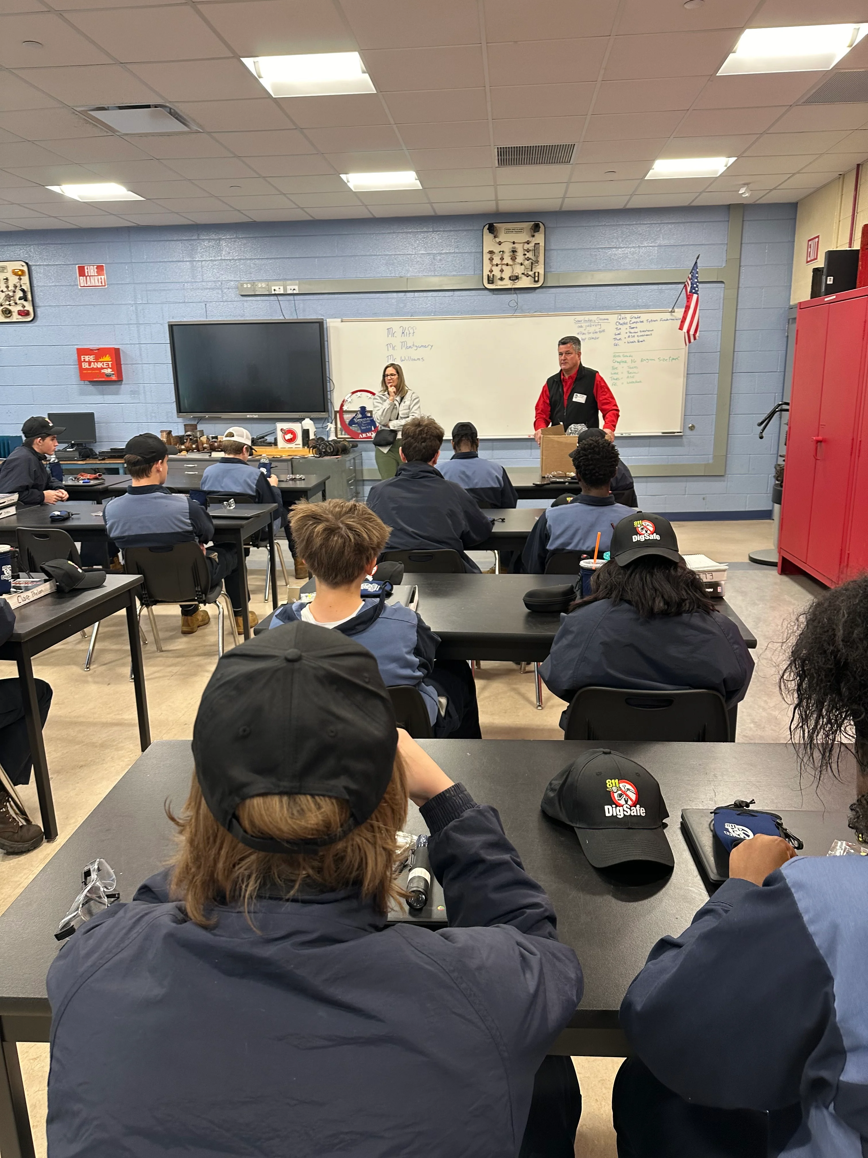 Jody Middleton and Billy Wash from the Town of Canton visit Automotive Technology program students at Blue Hills Regional Technical School